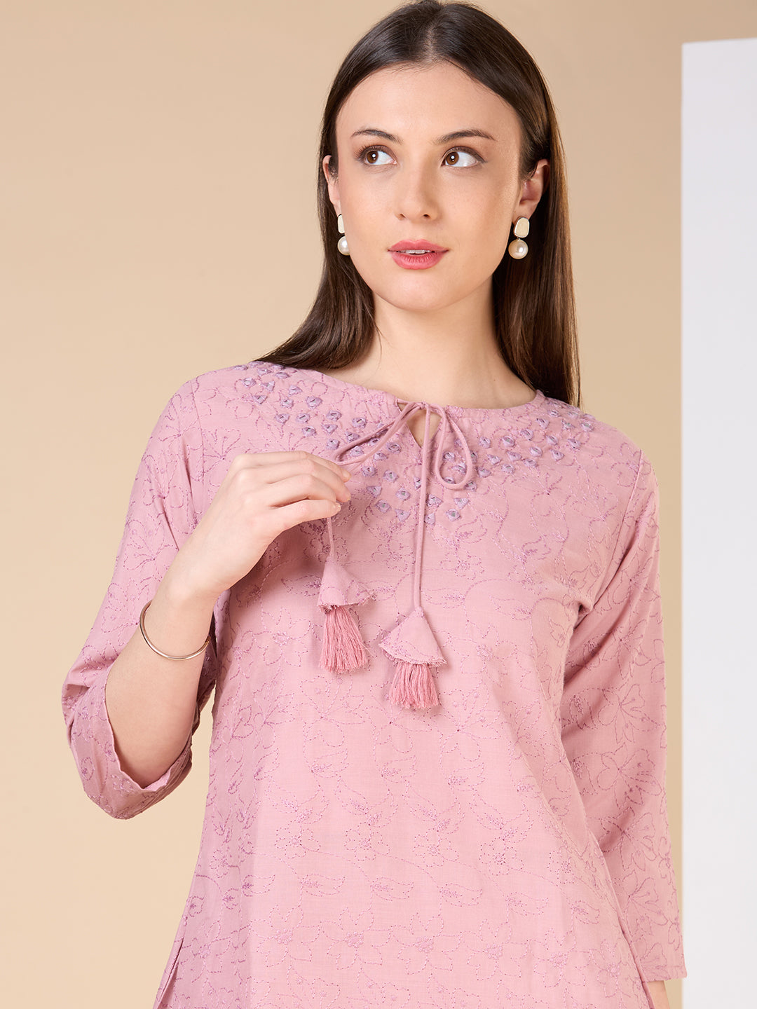 Floral Threadwork Embroidered A-Line Kurta with Pant - Pink