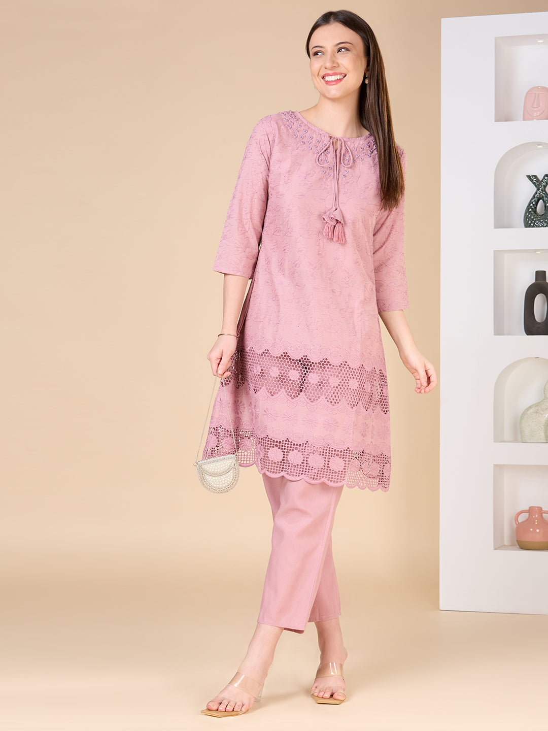 Floral Threadwork Embroidered A-Line Kurta with Pant - Pink