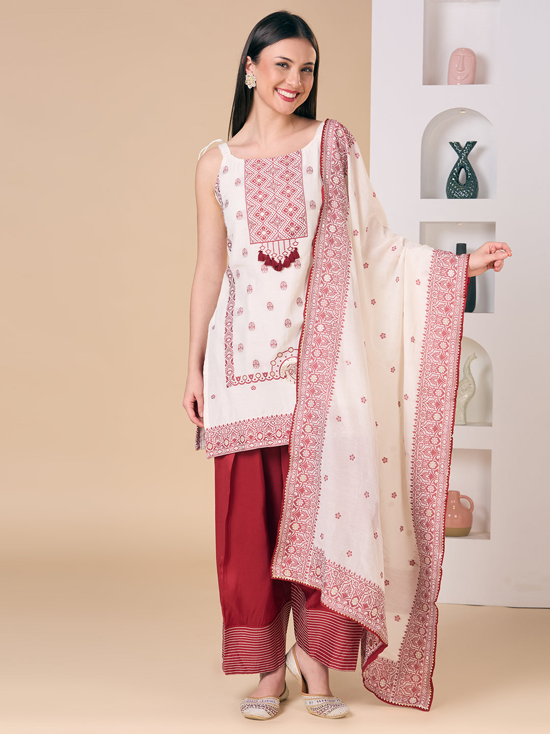 Ethnic Floral Woven Straight Fit Kurta with Salwar and Dupatta - Off White