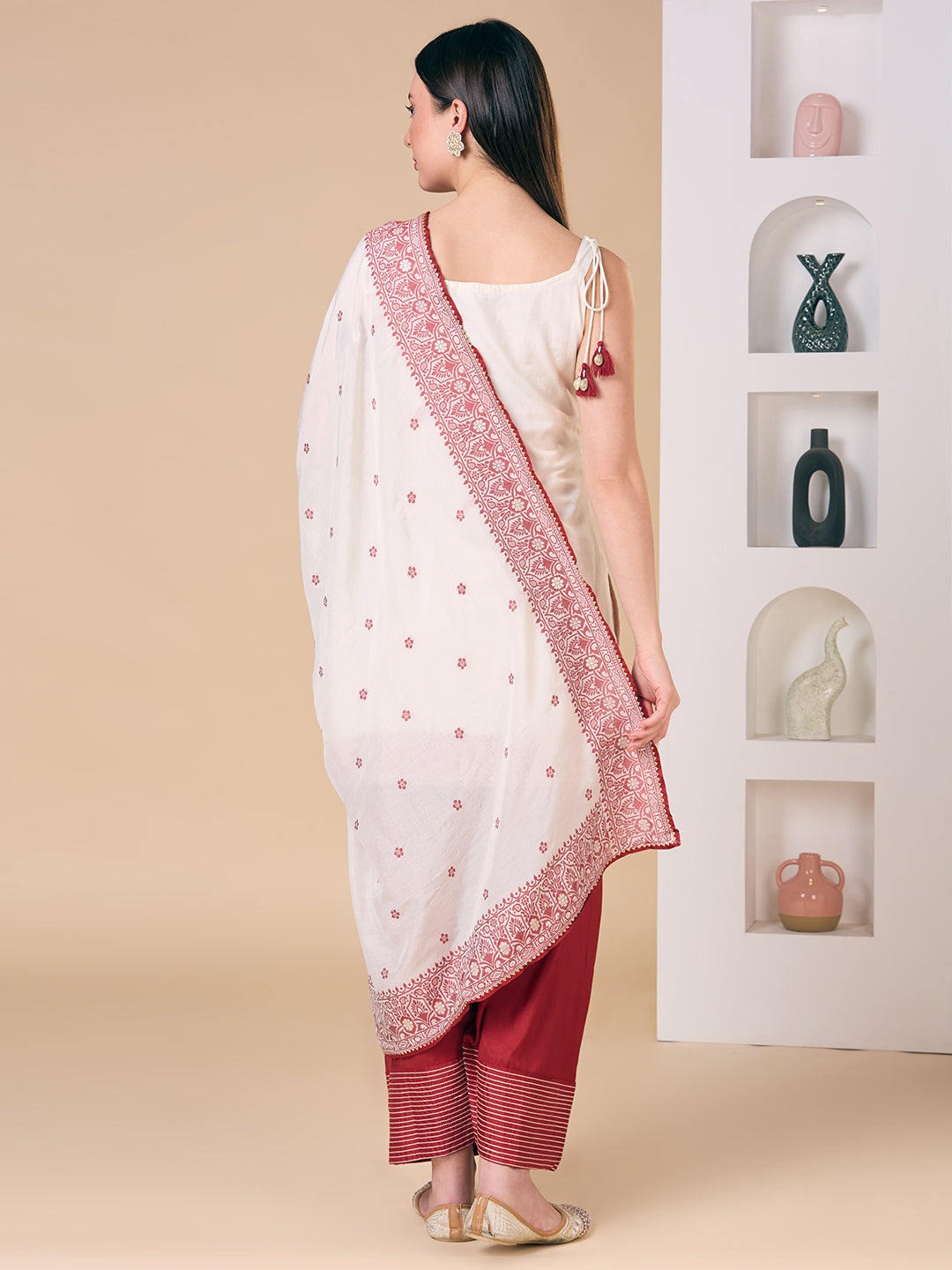 Ethnic Floral Woven Straight Fit Kurta with Salwar and Dupatta - Off White