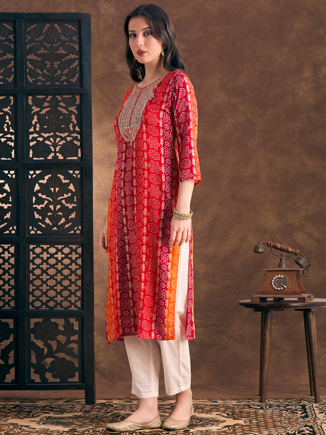 Bandhani Printed Embroidered Straight Fit Kurta - Multi