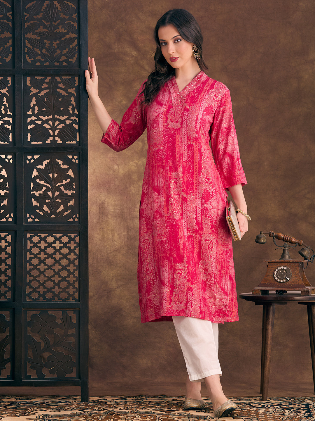 Abstract Floral Printed Straight Fit Kurta - Pink