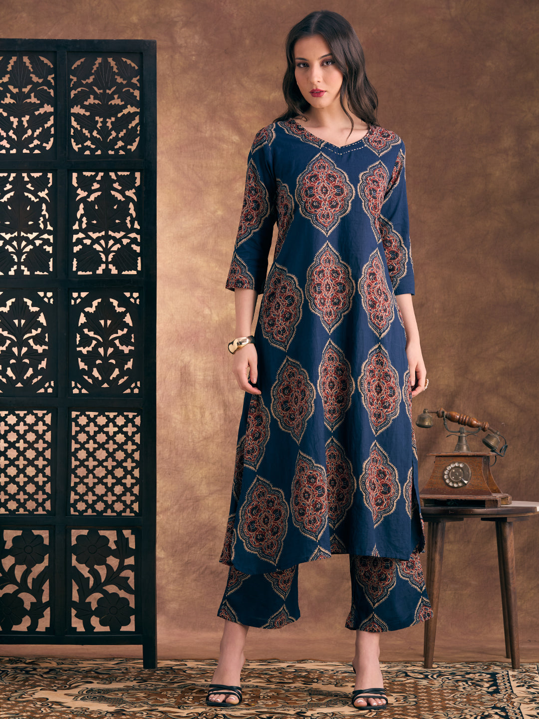 Ethnic Floral Printed A-Line Co-ord Set - Navy Blue