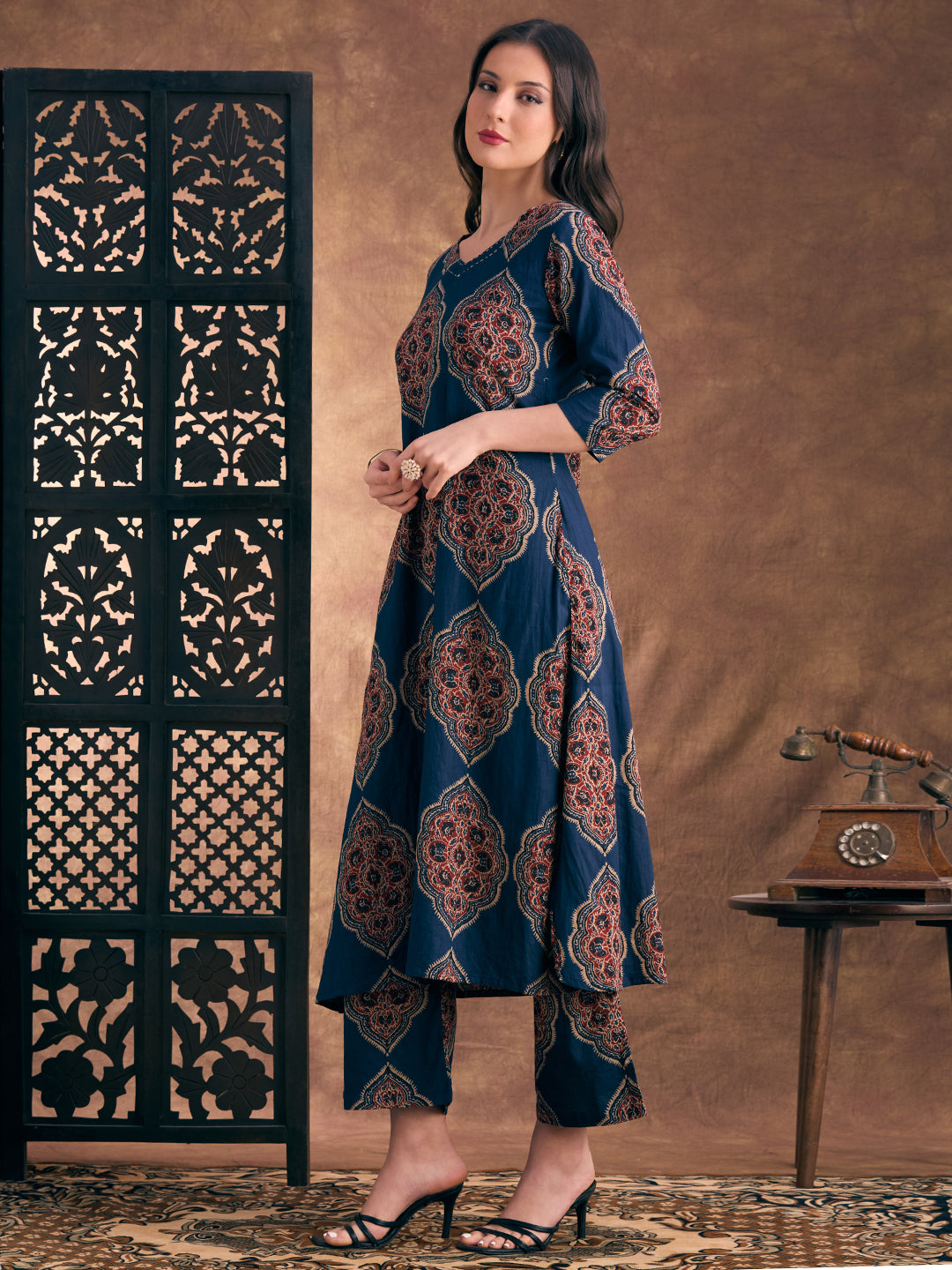 Ethnic Floral Printed A-Line Co-ord Set - Navy Blue