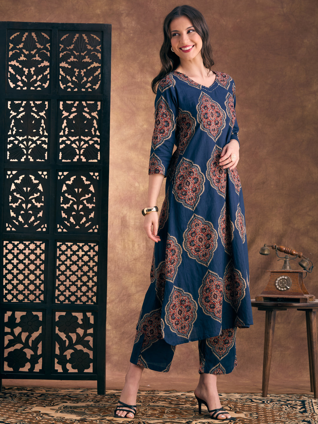 Ethnic Floral Printed A-Line Co-ord Set - Navy Blue