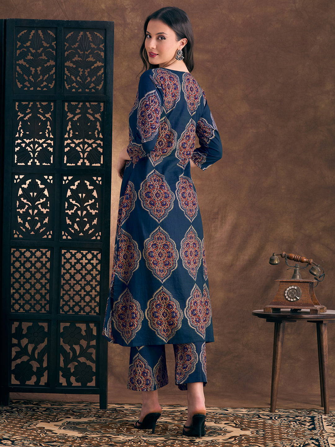 Ethnic Floral Printed A-Line Co-ord Set - Navy Blue