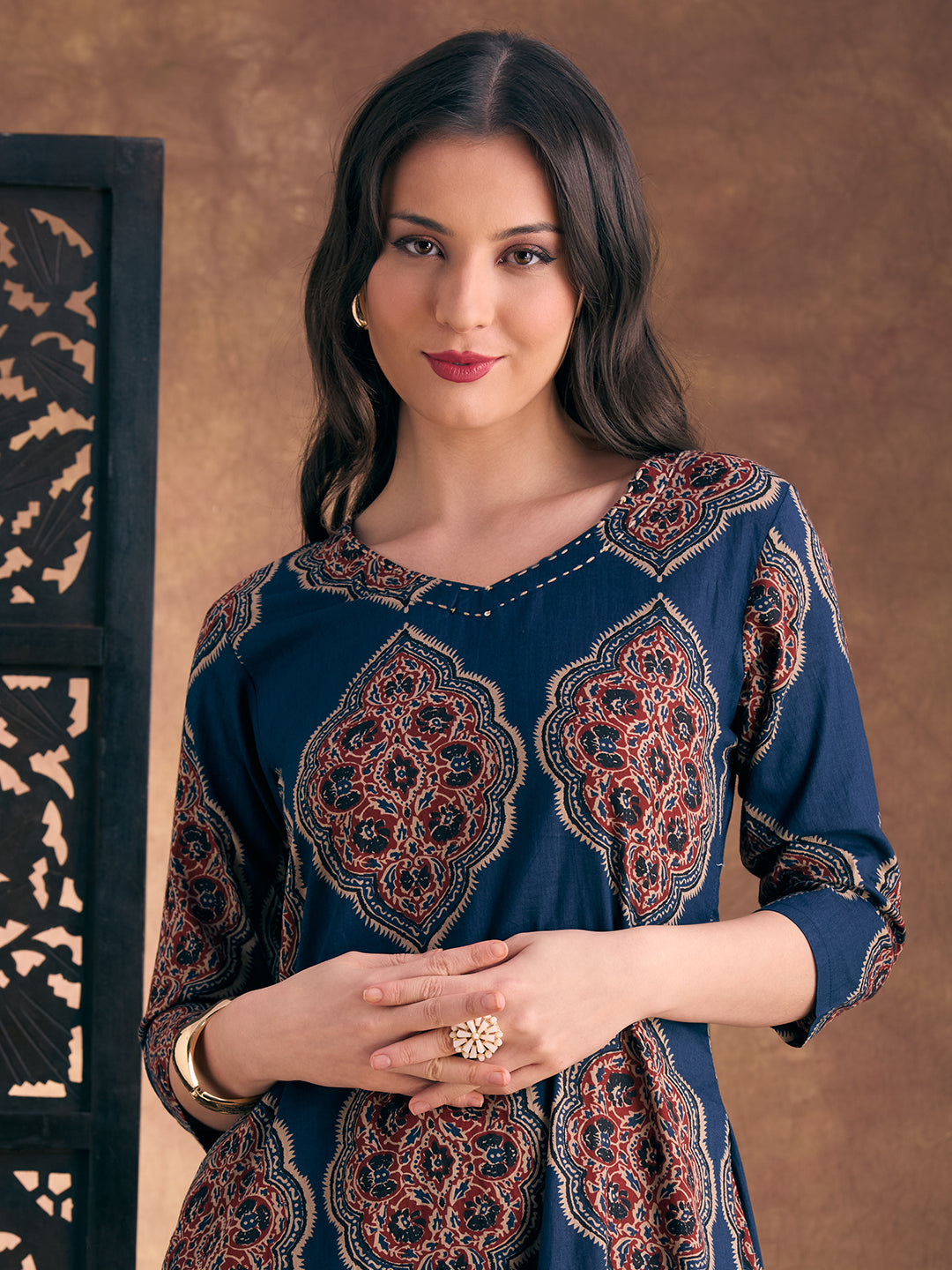 Ethnic Floral Printed A-Line Co-ord Set - Navy Blue