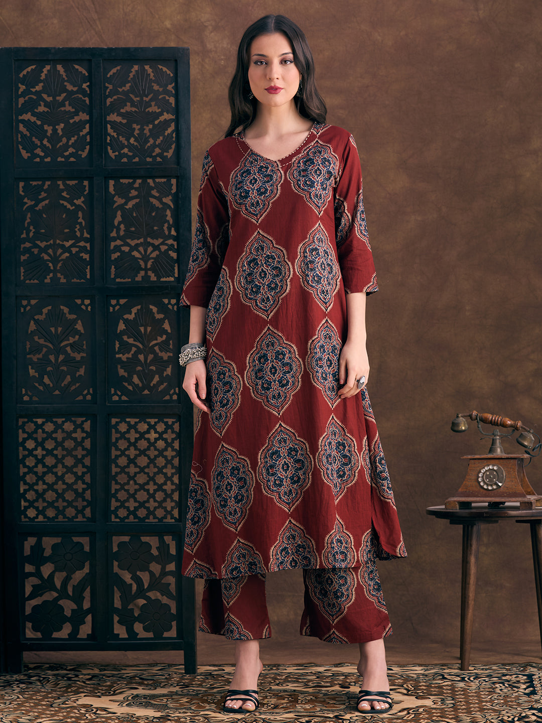 Ethnic Floral Printed A-Line Co-ord Set - Maroon