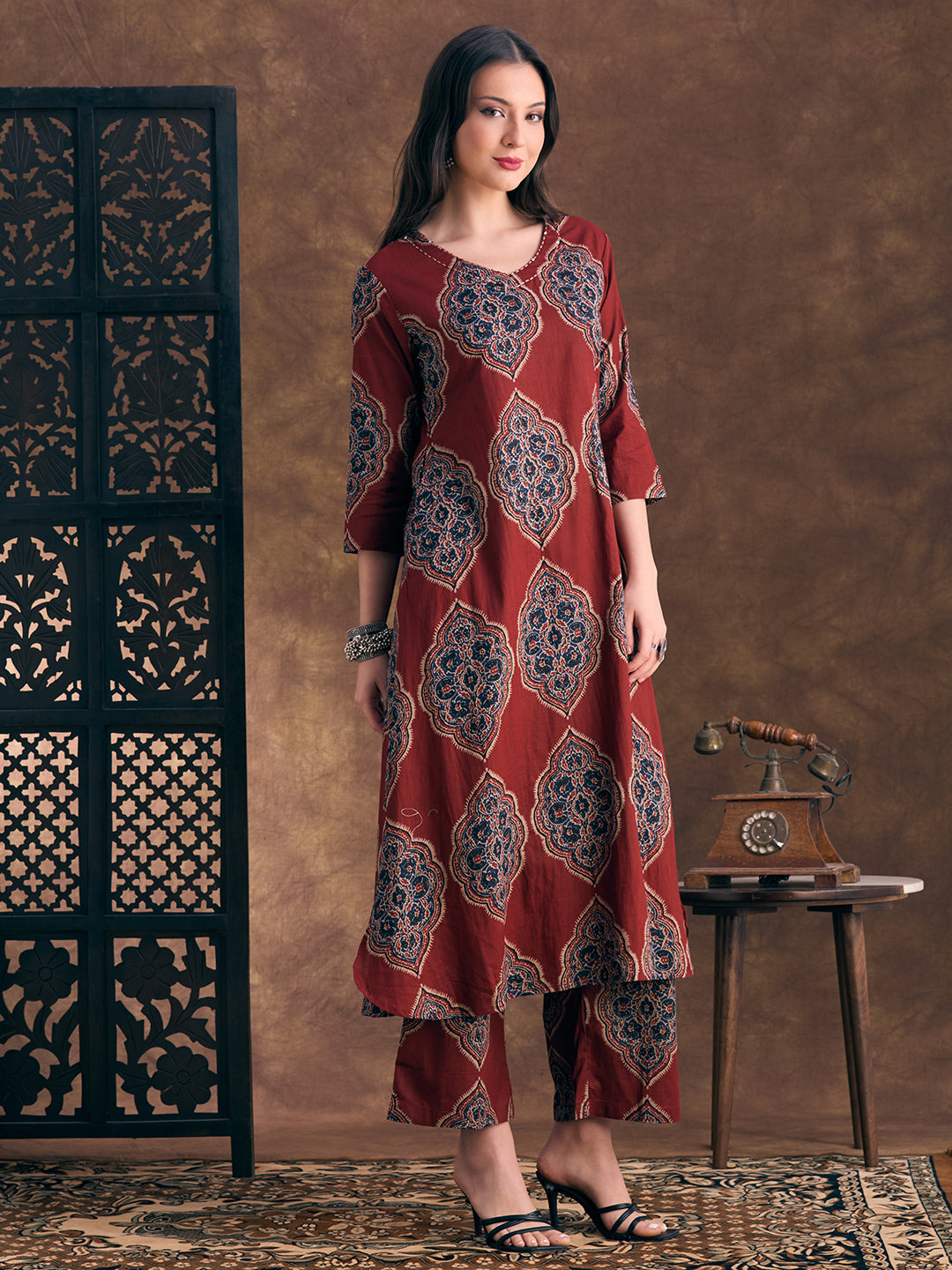 Ethnic Floral Printed A-Line Co-ord Set - Maroon