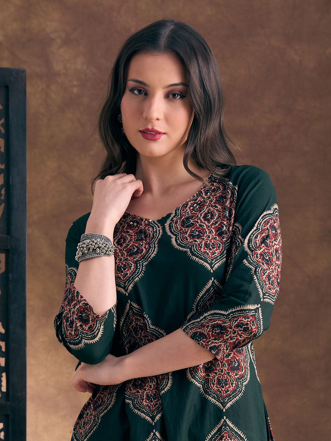 Ethnic Floral Printed A-Line Co-ord Set - Green