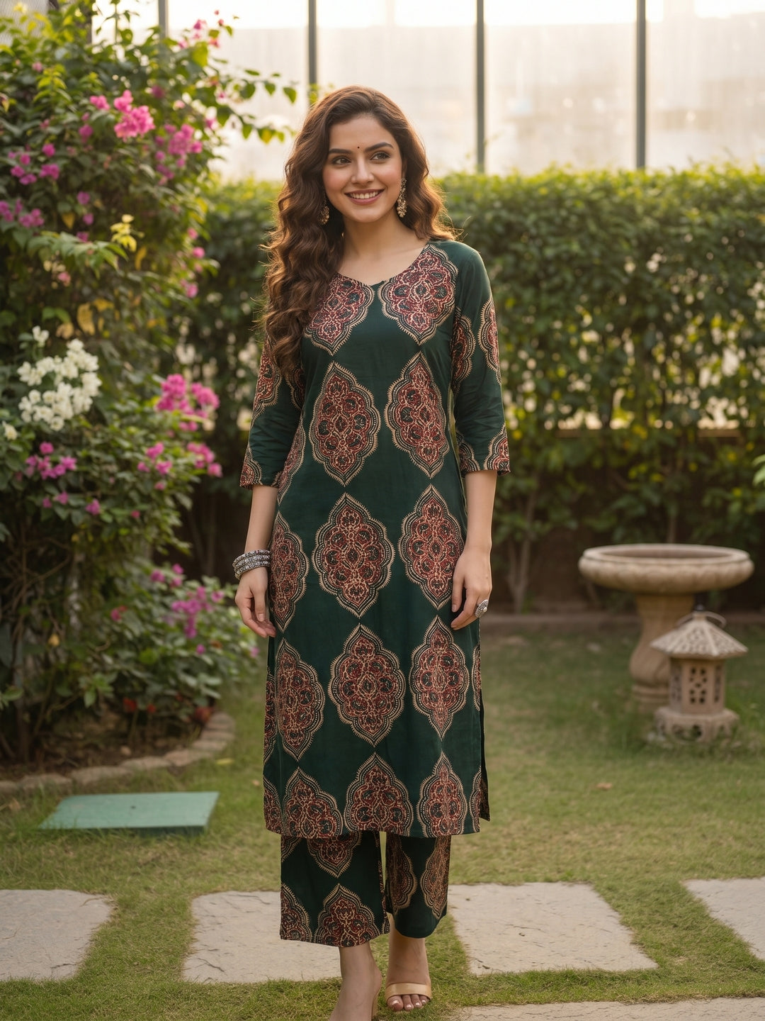 Ethnic Floral Printed A-Line Co-ord Set - Green