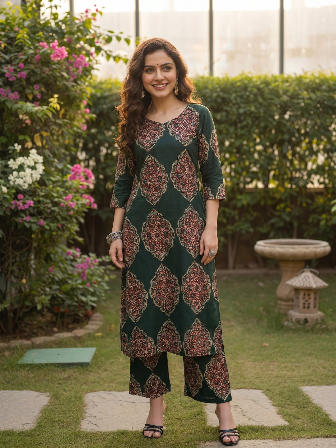 Ethnic Floral Printed A-Line Co-ord Set - Green