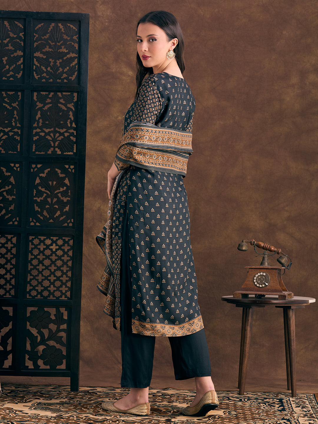 Ethnic Floral Printed Embroidered Straight Fit Kurta with Pant and Dupatta - Black