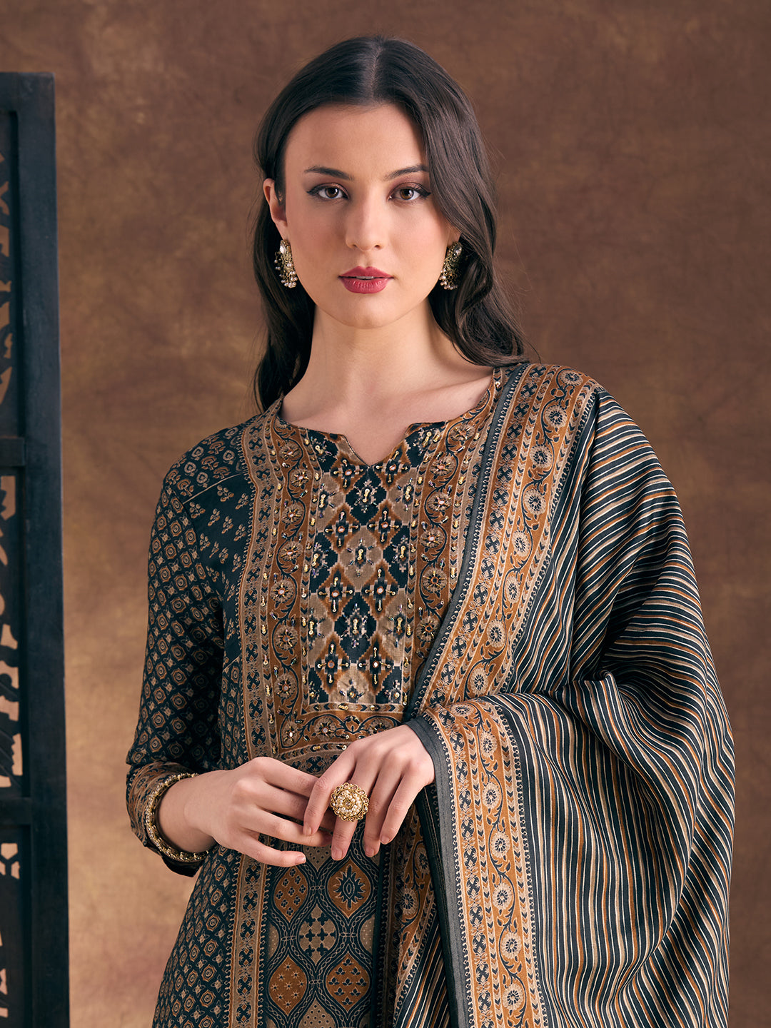 Ethnic Floral Printed Embroidered Straight Fit Kurta with Pant and Dupatta - Black