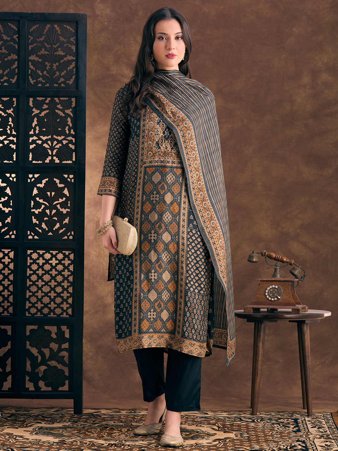 Ethnic Floral Printed Embroidered Straight Fit Kurta with Pant and Dupatta - Black