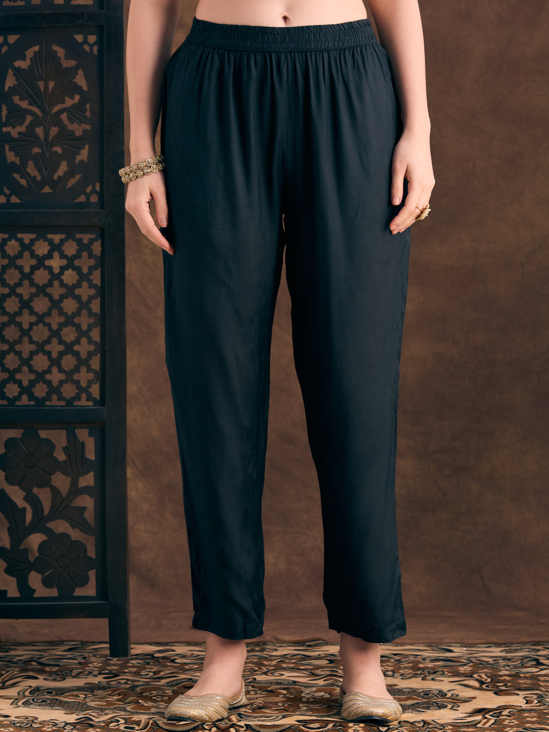 Ethnic Floral Printed Embroidered Straight Fit Kurta with Pant and Dupatta - Black