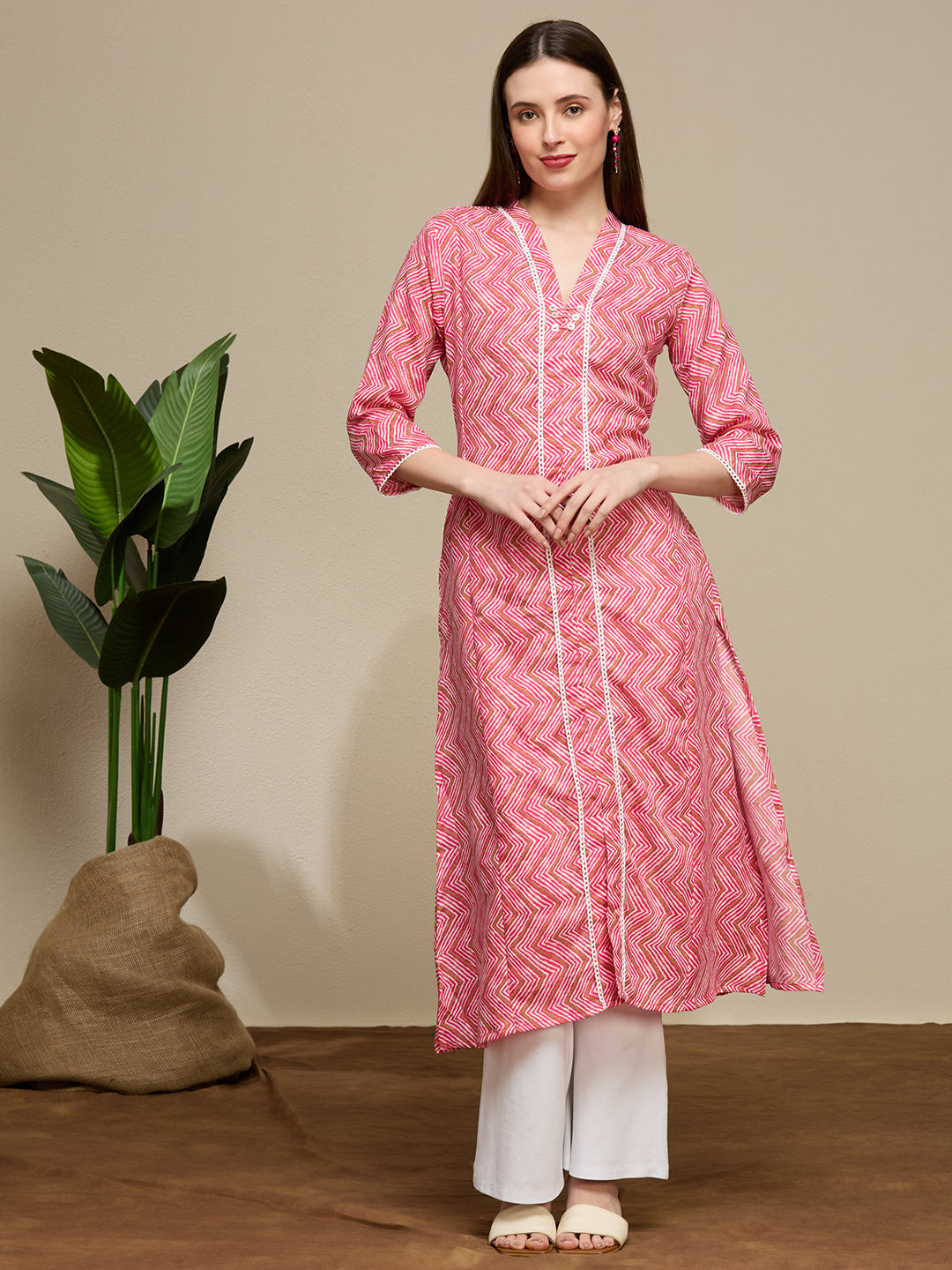 Ethnic Chevron Printed A-Line Flared Kurta - Magenta