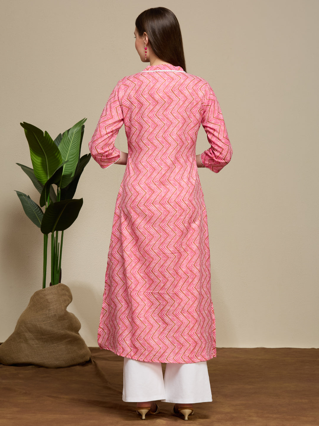 Ethnic Chevron Printed A-Line Flared Kurta - Magenta