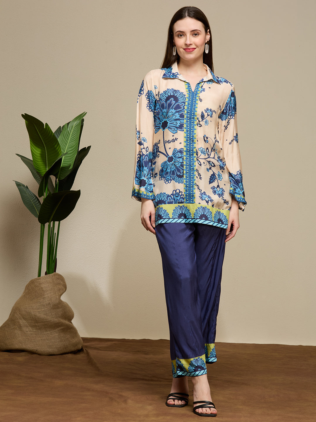 Floral Printed Straight Fit Co-ord Set - Cream