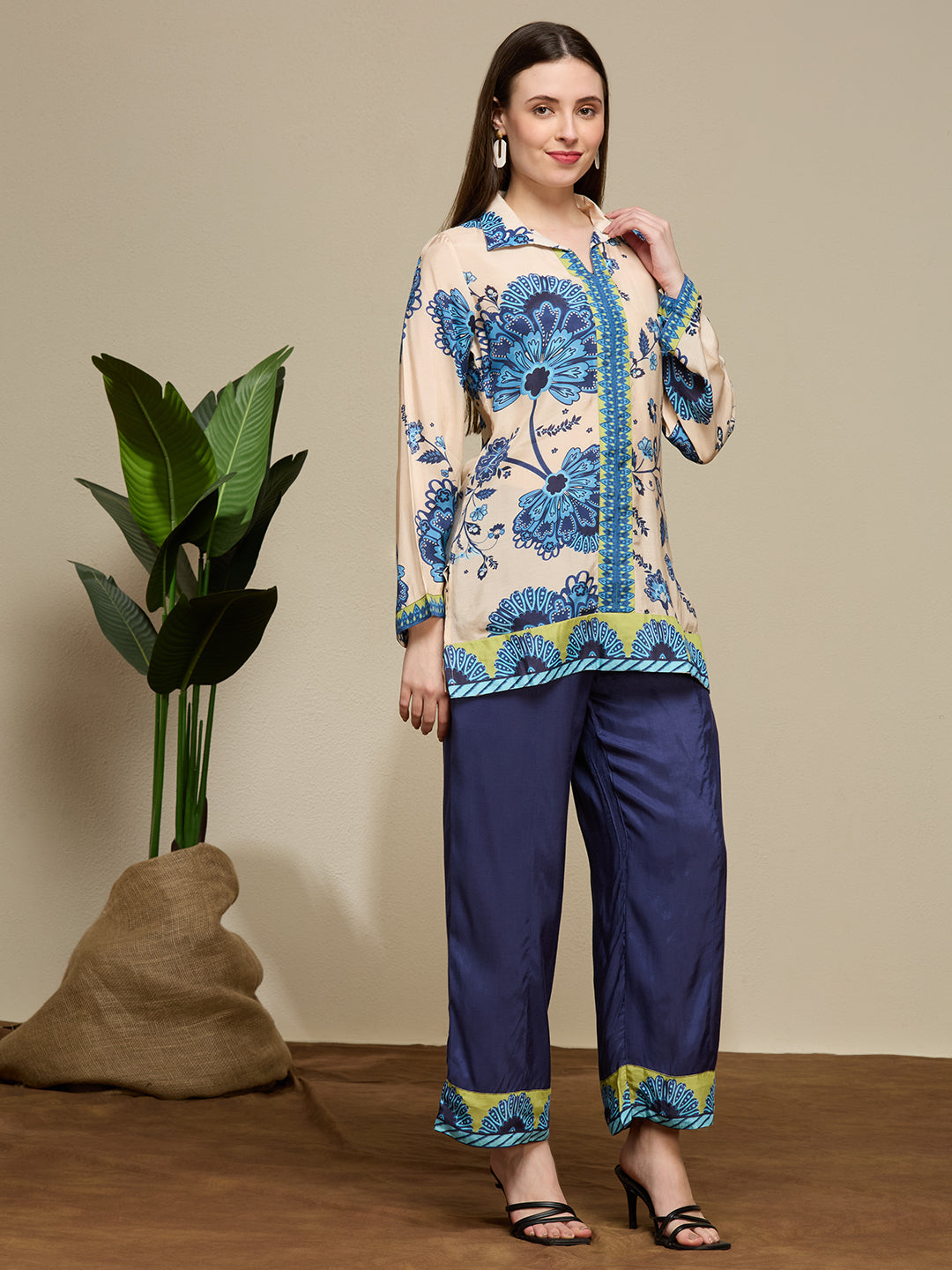 Floral Printed Straight Fit Co-ord Set - Cream