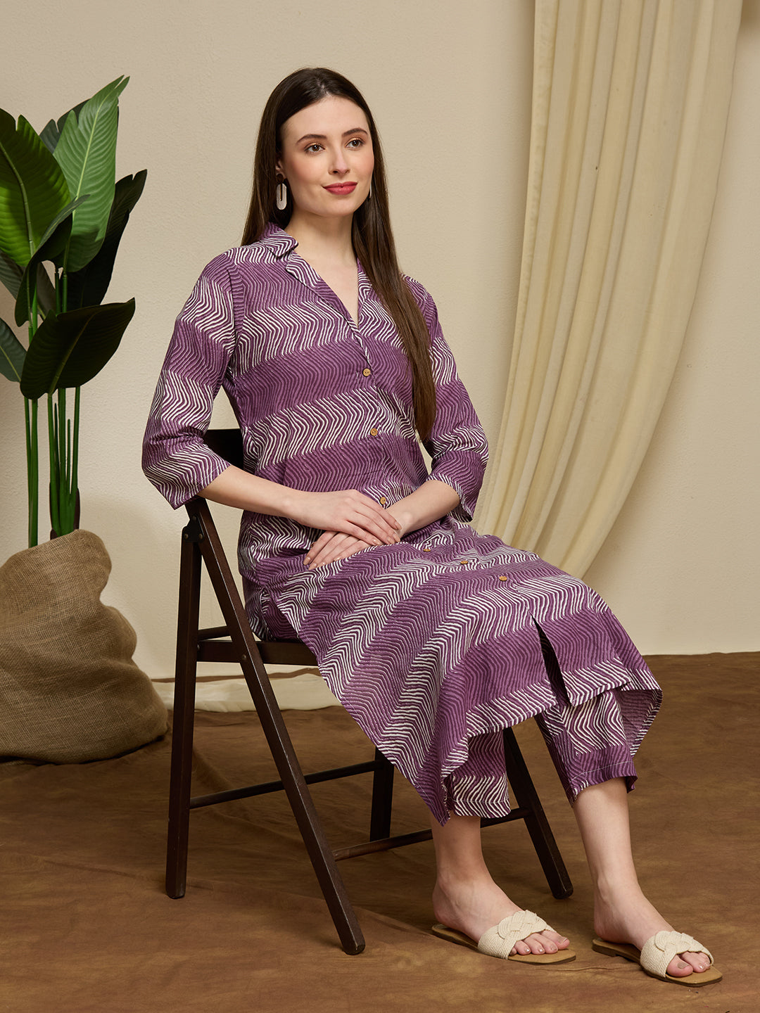 Ethnic Floral Printed Cotton A-Line Co-ord Set - Purple