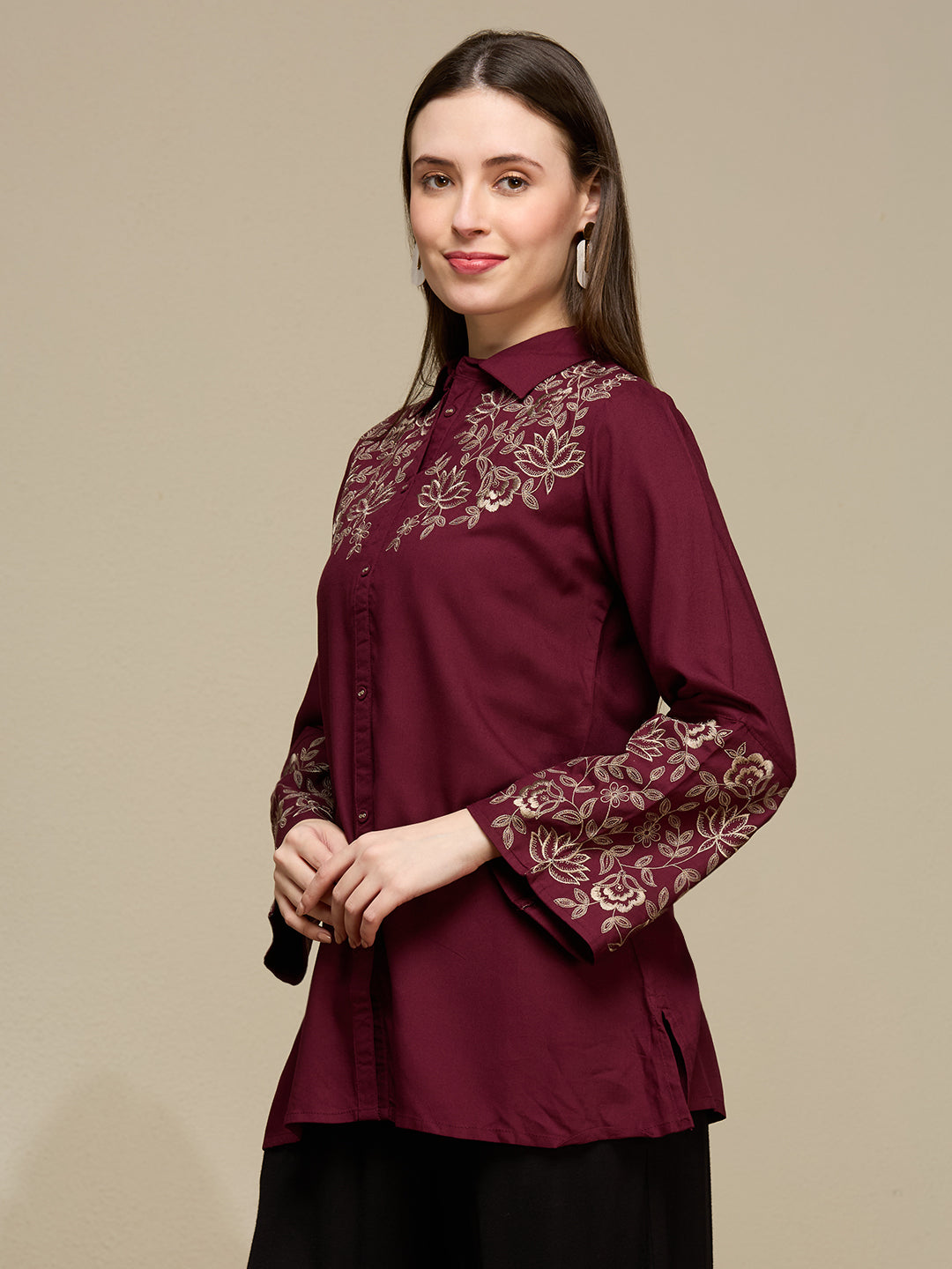 Solid Floral Threadwork Embroidered Short Kurti - Maroon
