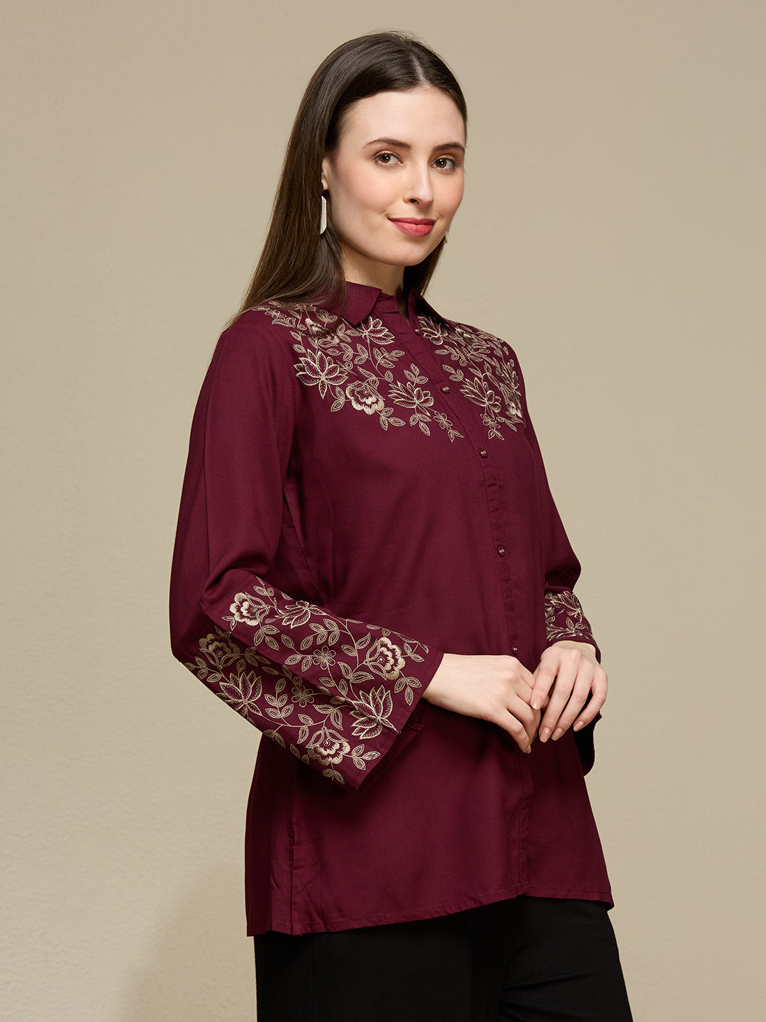 Solid Floral Threadwork Embroidered Short Kurti - Maroon