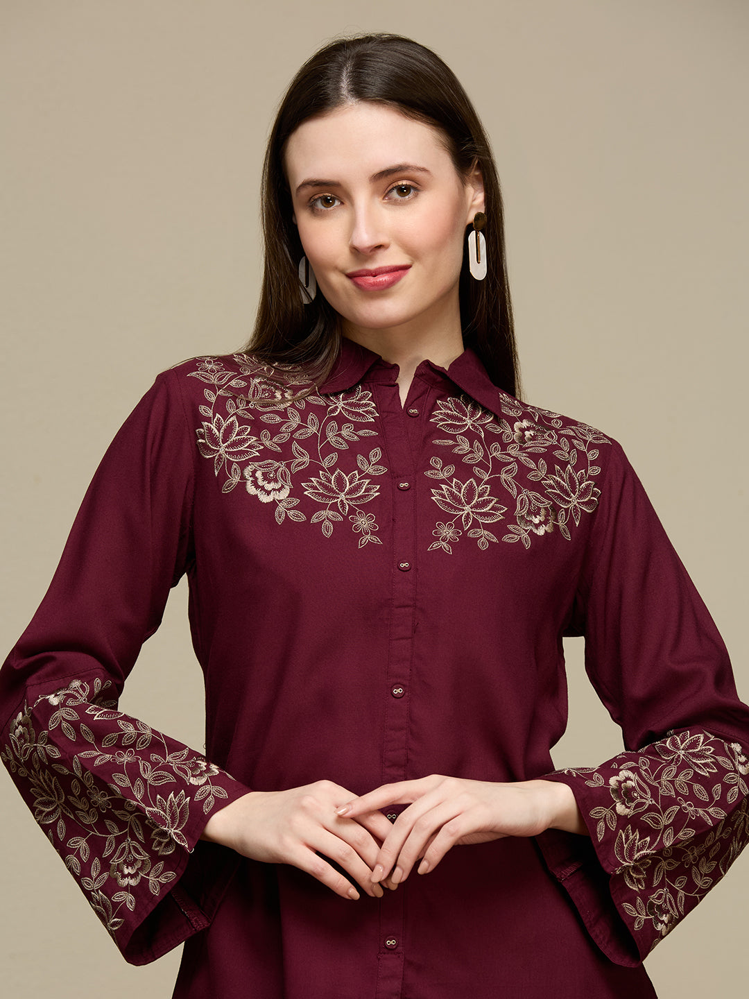 Solid Floral Threadwork Embroidered Short Kurti - Maroon