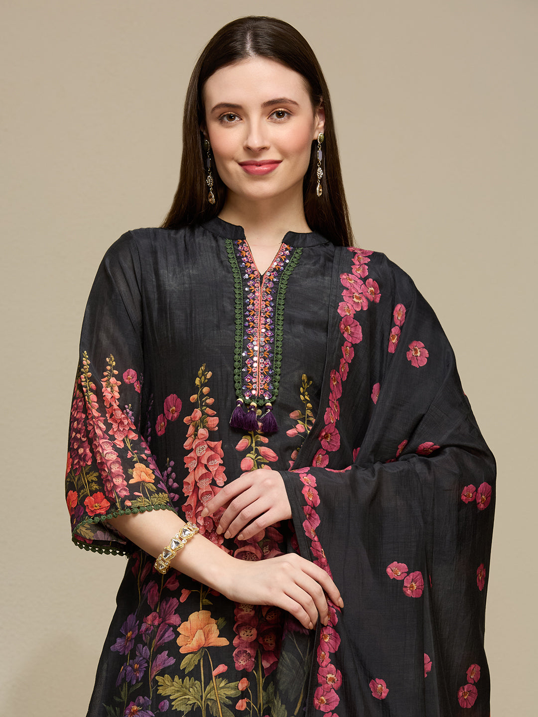 Abstract Floral Printed Embroidered Kurta with Pant & Dupatta - Black