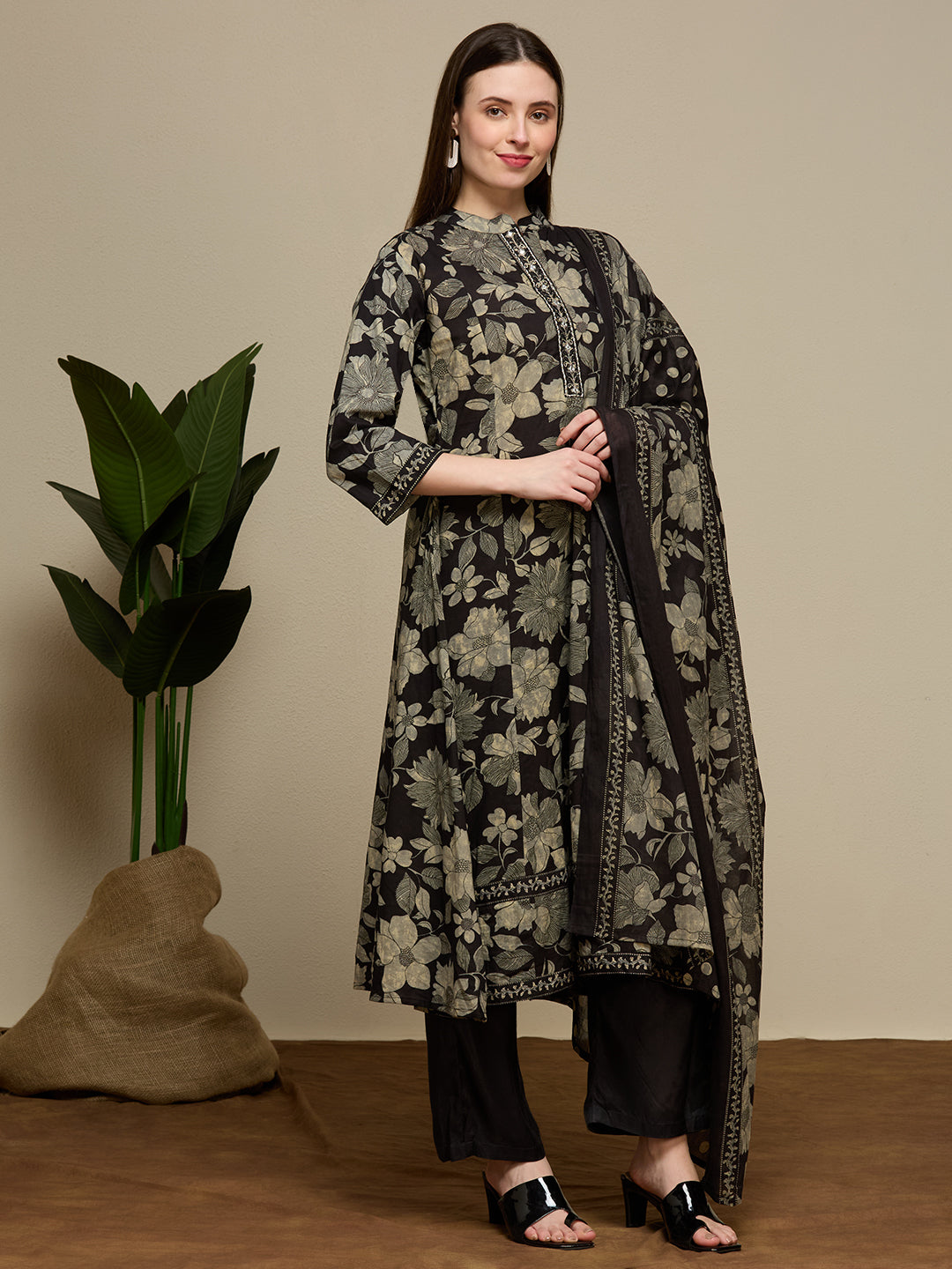 Floral Printed Anarkali Flared Kurta with Pant and Dupatta - Black