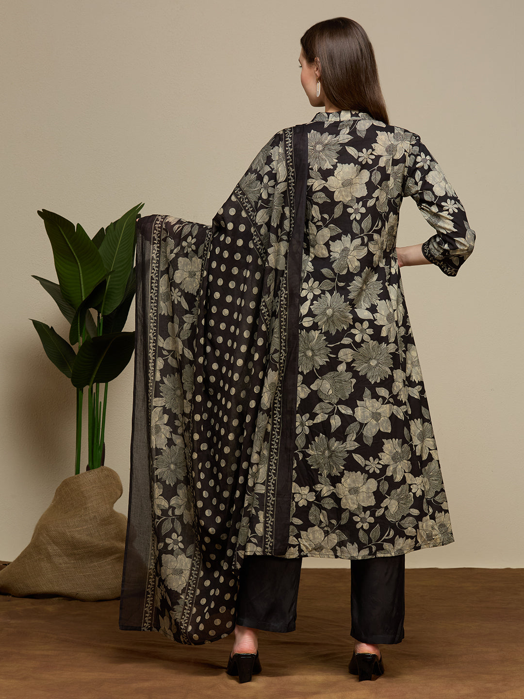 Floral Printed Anarkali Flared Kurta with Pant and Dupatta - Black