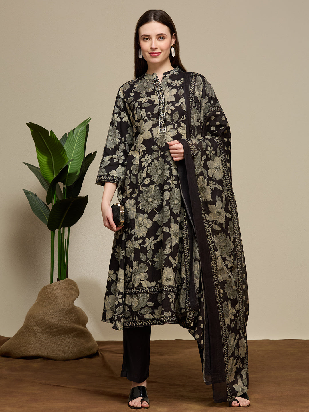 Floral Printed Anarkali Flared Kurta with Pant and Dupatta - Black