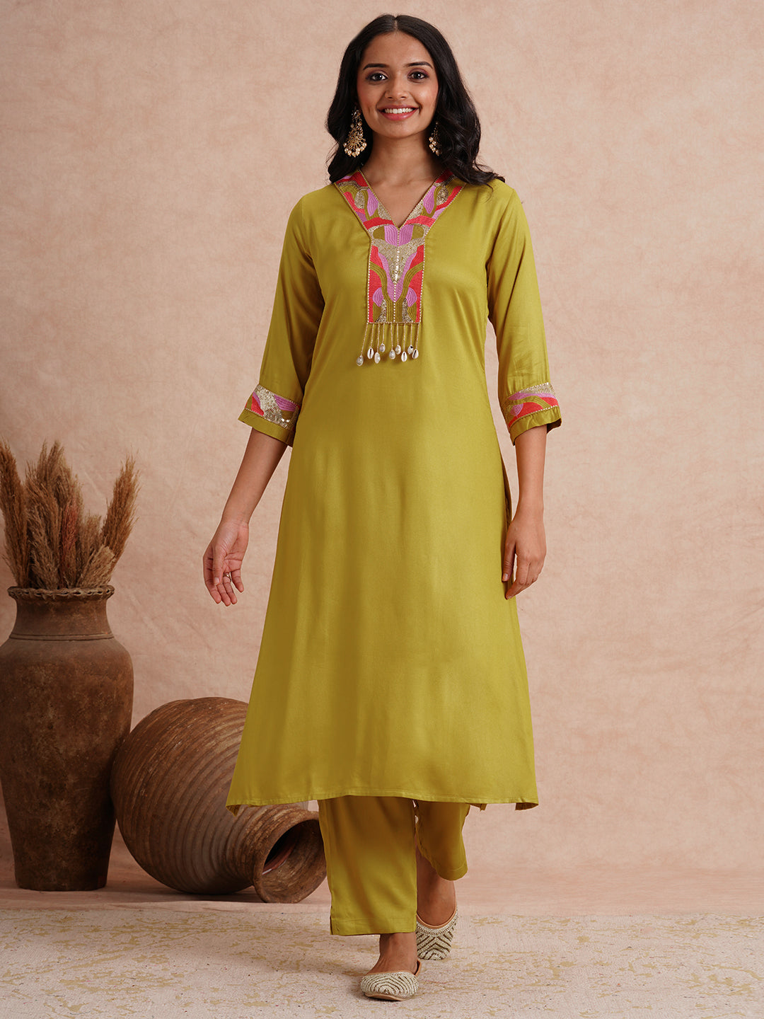 Solid Abstract Embroidered A-Line Co-ord Set - Lime Green