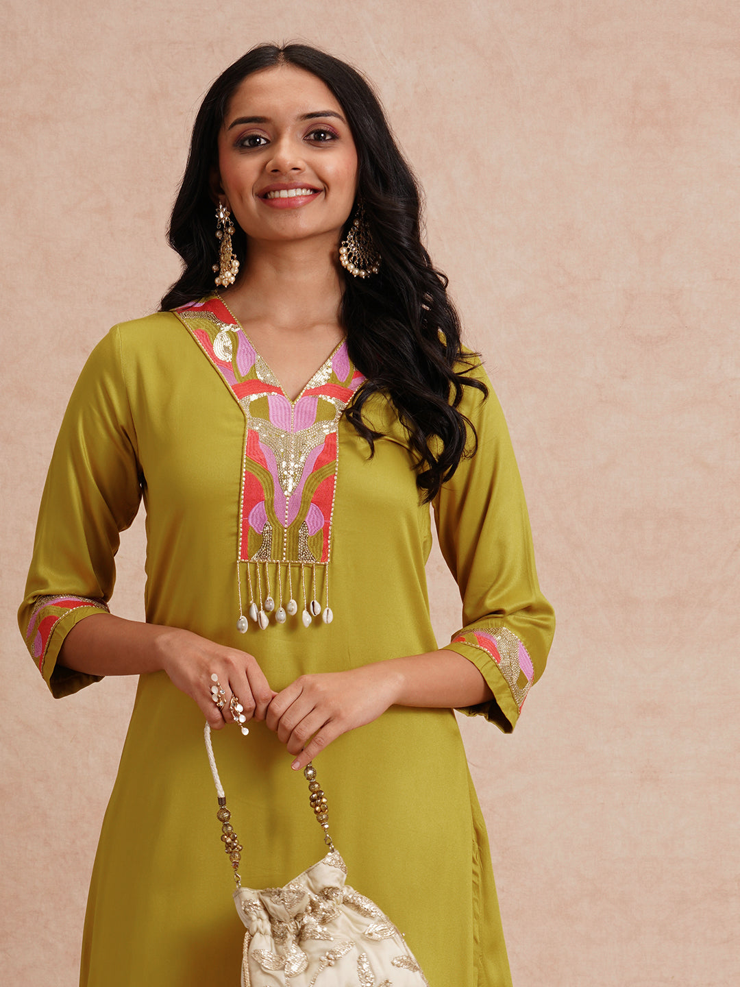 Solid Abstract Embroidered A-Line Co-ord Set - Lime Green