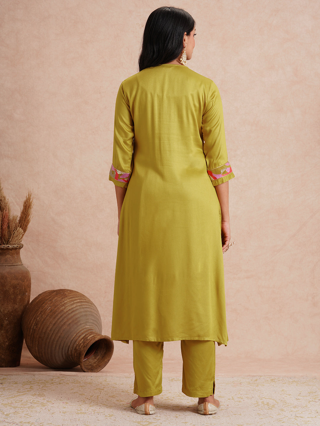 Solid Abstract Embroidered A-Line Co-ord Set - Lime Green