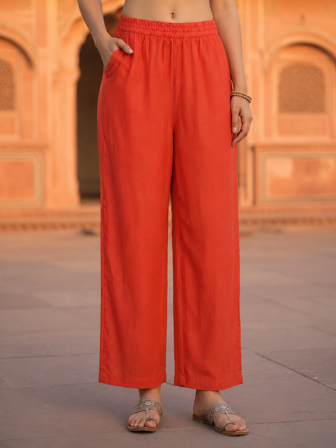 Solid Floral Threadwork Embroidered A-Line Co-ord Set - Orange