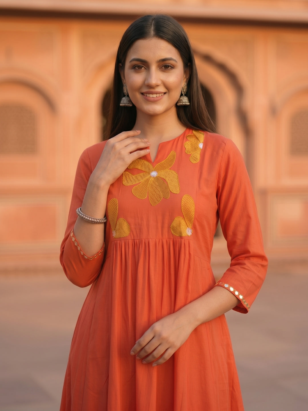 Solid Floral Threadwork Embroidered A-Line Co-ord Set - Orange