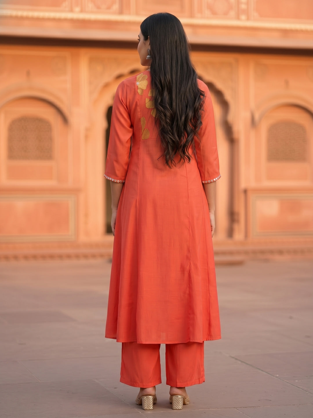 Solid Floral Threadwork Embroidered A-Line Co-ord Set - Orange