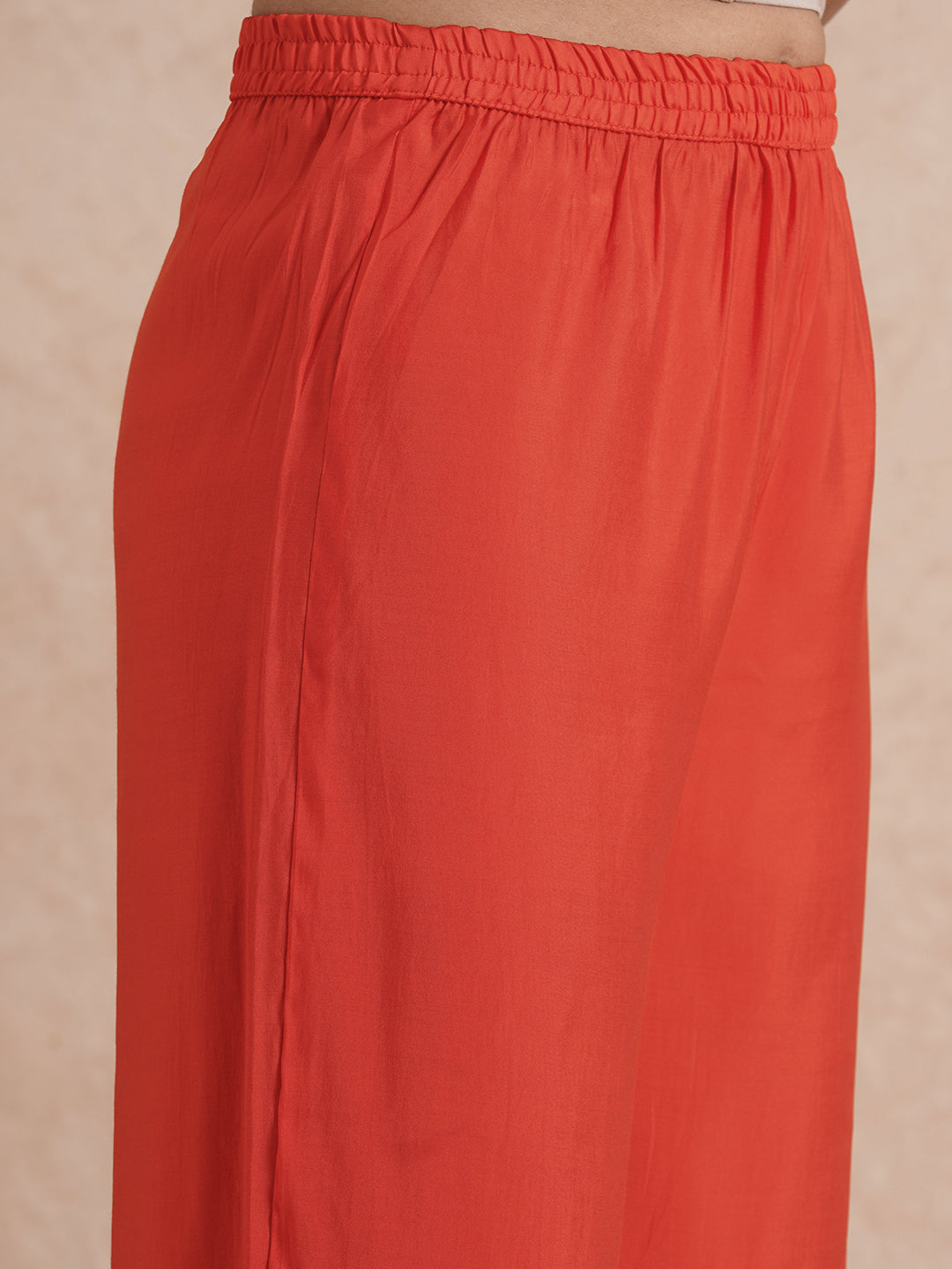 Solid Floral Threadwork Embroidered A-Line Co-ord Set - Orange