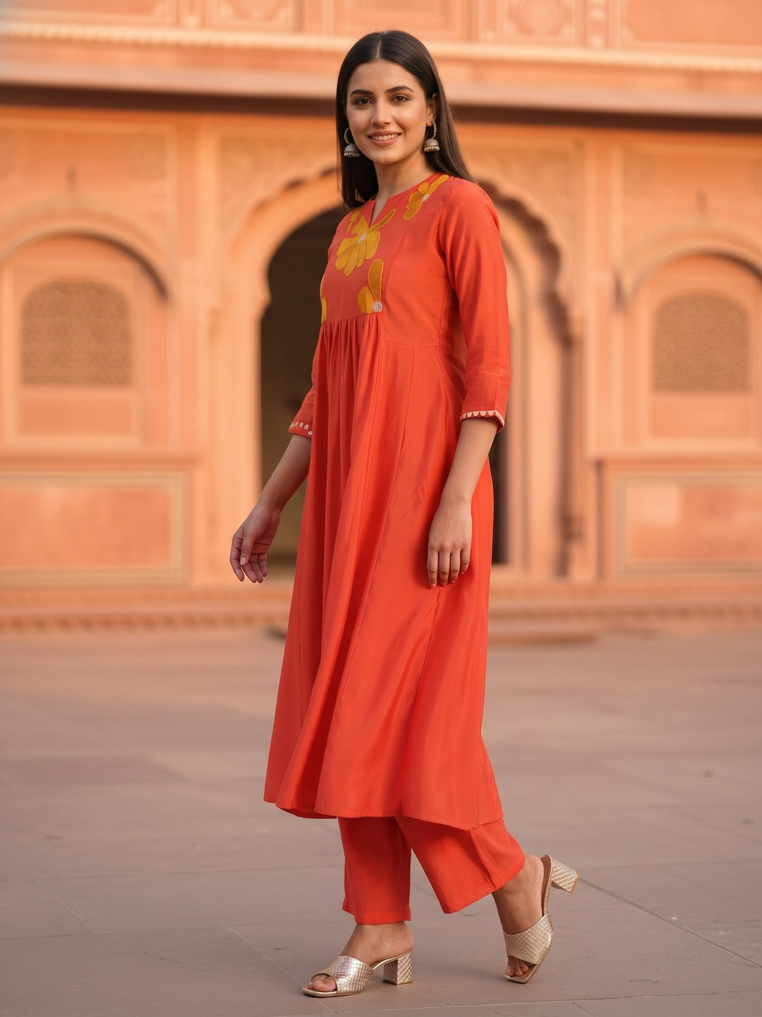 Solid Floral Threadwork Embroidered A-Line Co-ord Set - Orange