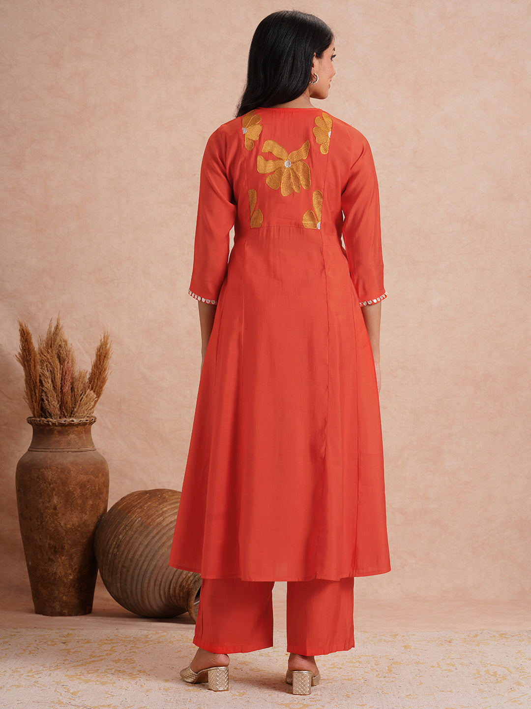 Solid Floral Threadwork Embroidered A-Line Co-ord Set - Orange