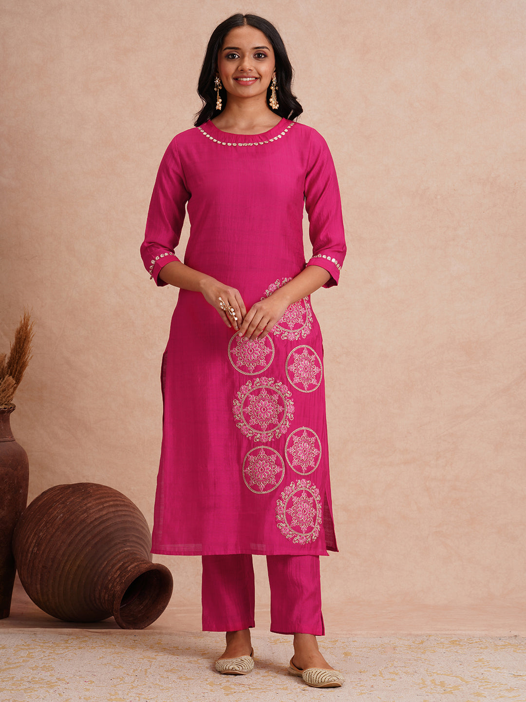 Solid Ethnic Floral Embroidered A-Line Co-ord Set - Magenta