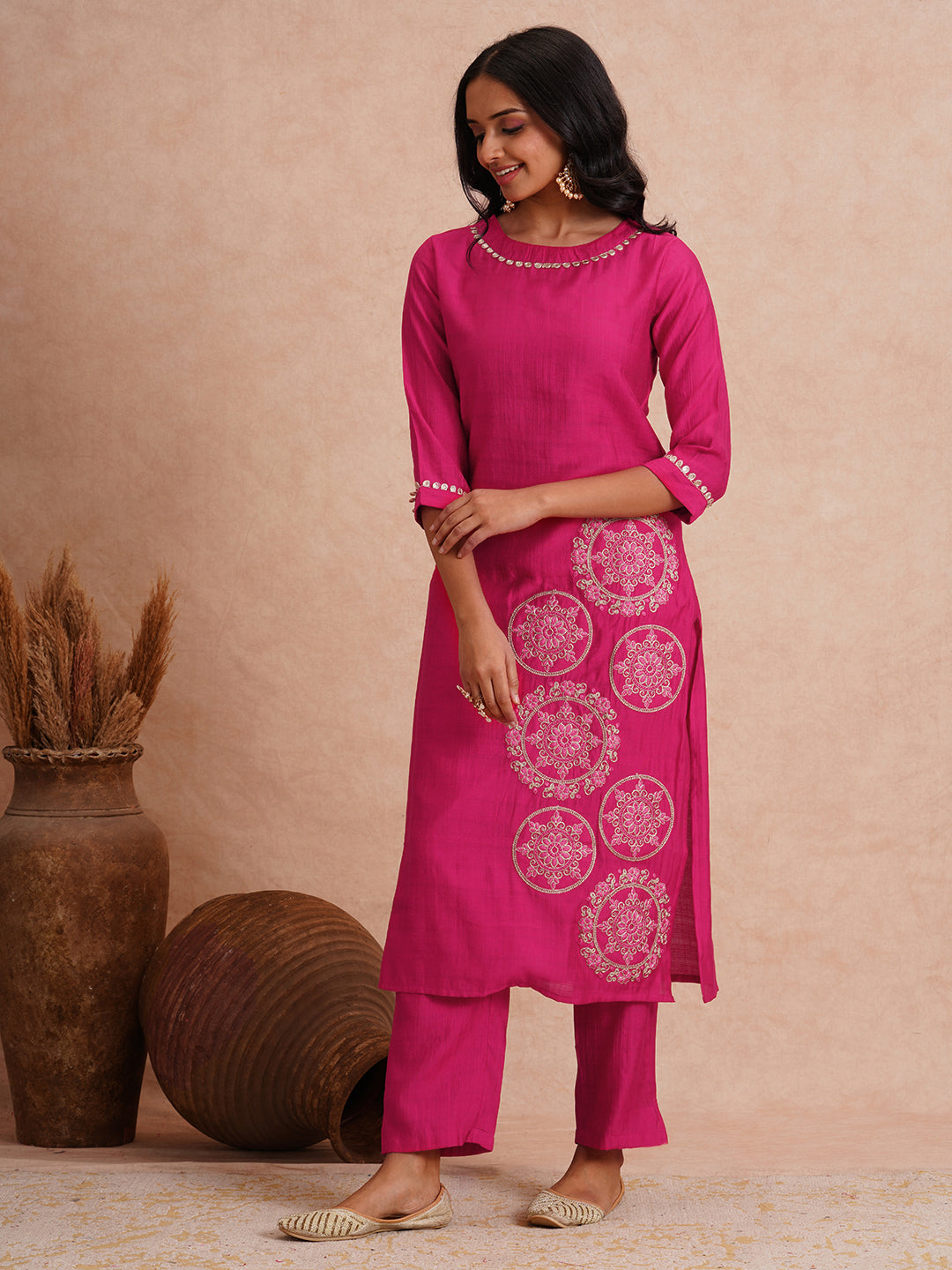 Solid Ethnic Floral Embroidered A-Line Co-ord Set - Magenta