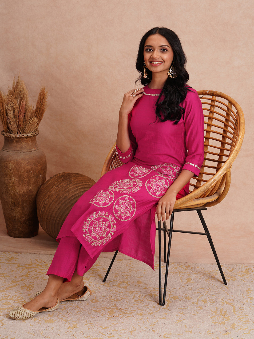 Solid Ethnic Floral Embroidered A-Line Co-ord Set - Magenta