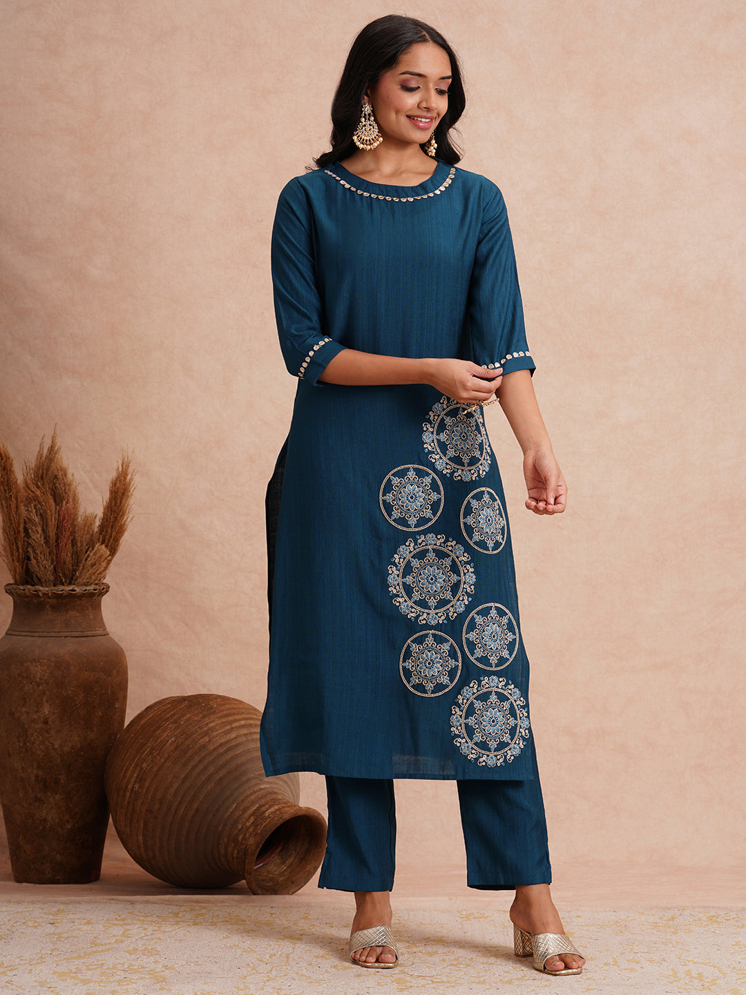 Solid Ethnic Floral Embroidered A-Line Co-ord Set - Teal