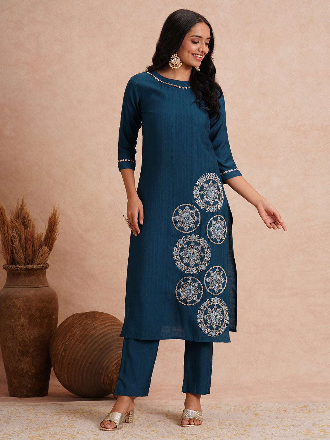 Solid Ethnic Floral Embroidered A-Line Co-ord Set - Teal