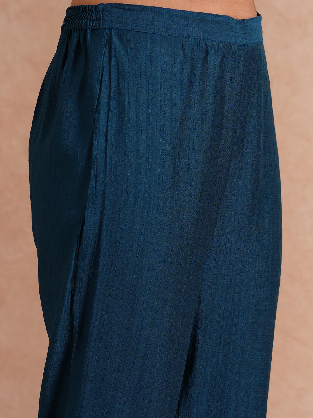 Solid Ethnic Floral Embroidered A-Line Co-ord Set - Teal