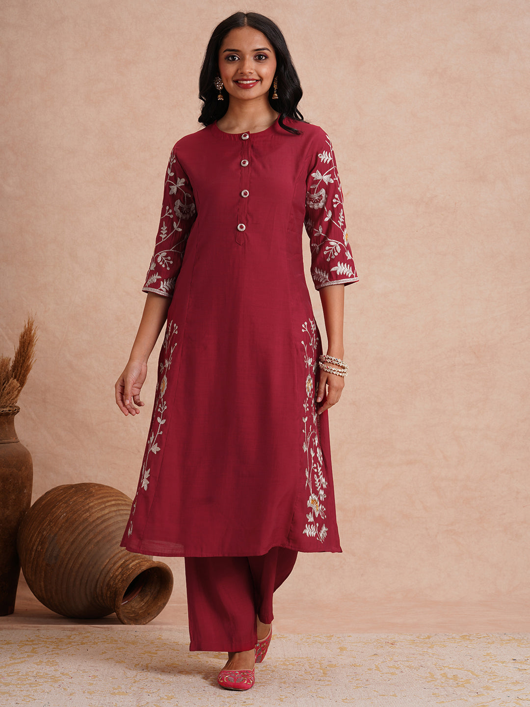 Solid Zari Floral Embroidered A-Line Co-ord Set - Maroon