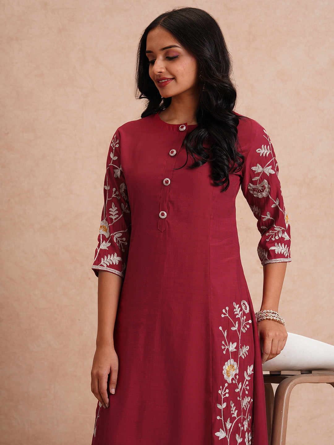 Solid Zari Floral Embroidered A-Line Co-ord Set - Maroon