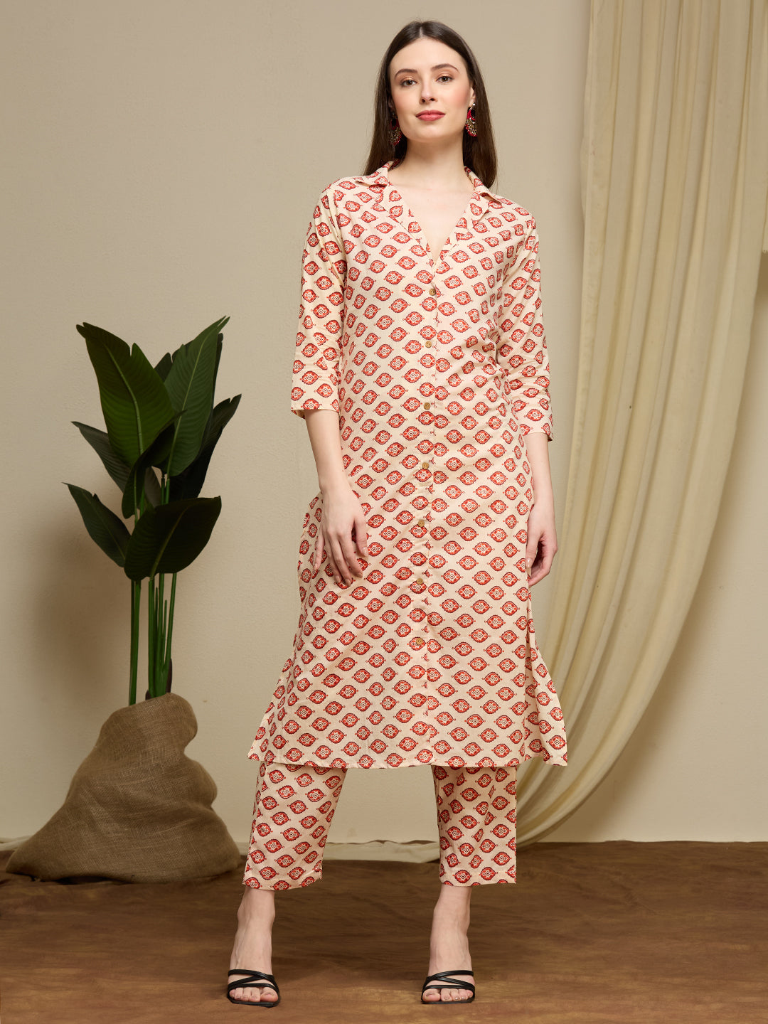 Ethnic Floral Printed Cotton A-Line Co-ord Set - Cream